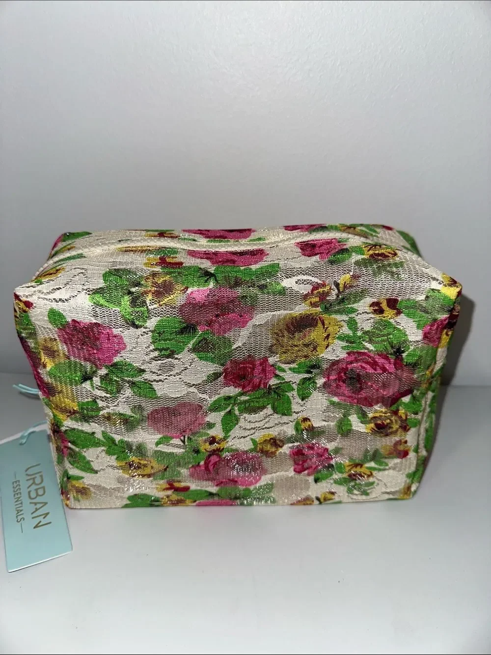 Urban Essentials Ivory Pink Green Yellow Rose Floral Lace Beauty Cosmetic Bag